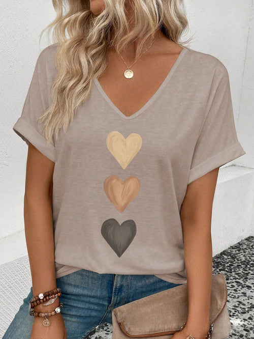 Chic Ombre Heart Print V-Neck T-Shirt with Flared Cuffs for Spring/Summer