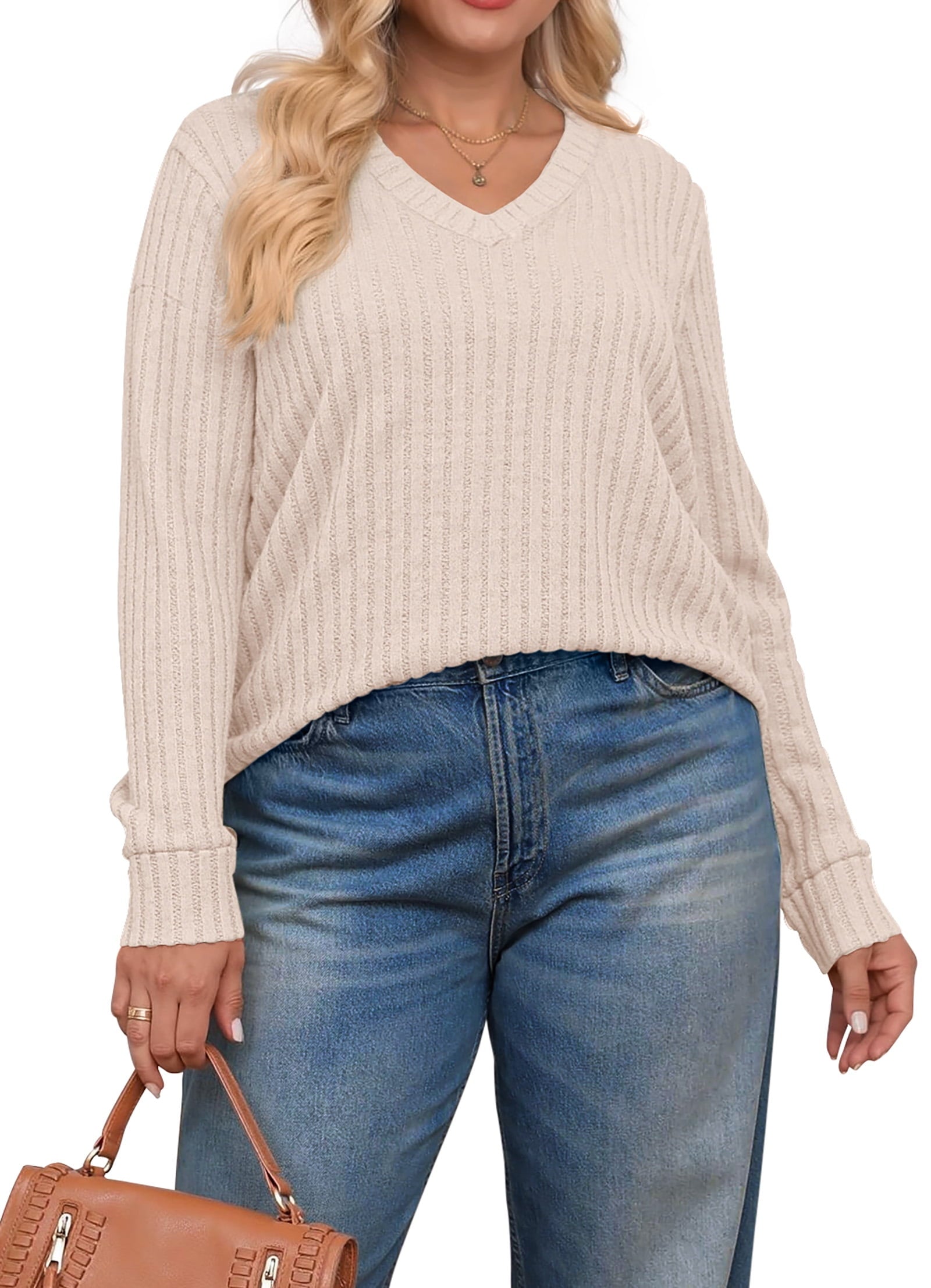 Chic V-Neck Long Sleeve Tunic for Women - Perfectly Dressy Casual Fall Top in Lightweight Beige