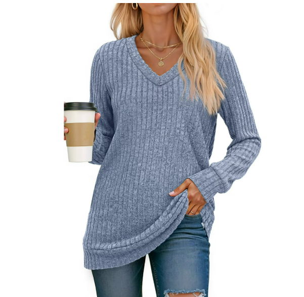 Chic V-Neck Long Sleeve Tunic for Women - Perfectly Dressy Casual Fall  or Winter Top in Lightweight Beige