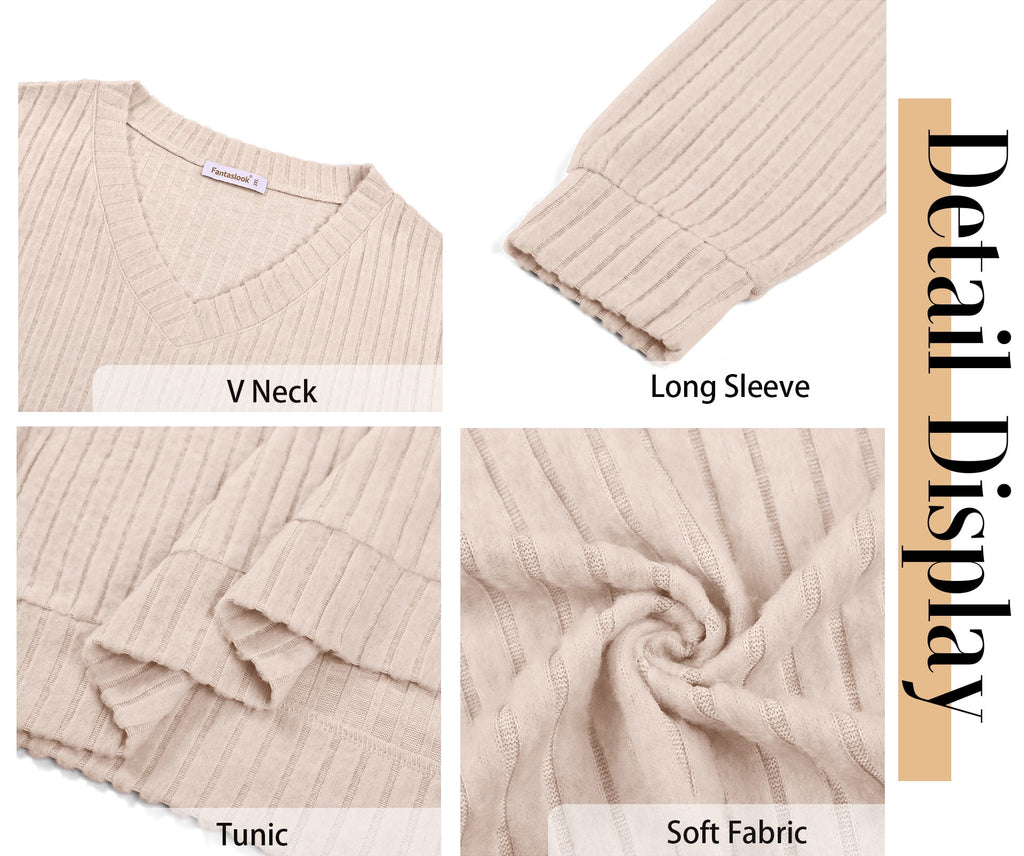 Chic V-Neck Long Sleeve Tunic for Women - Perfectly Dressy Casual Fall Top in Lightweight Beige
