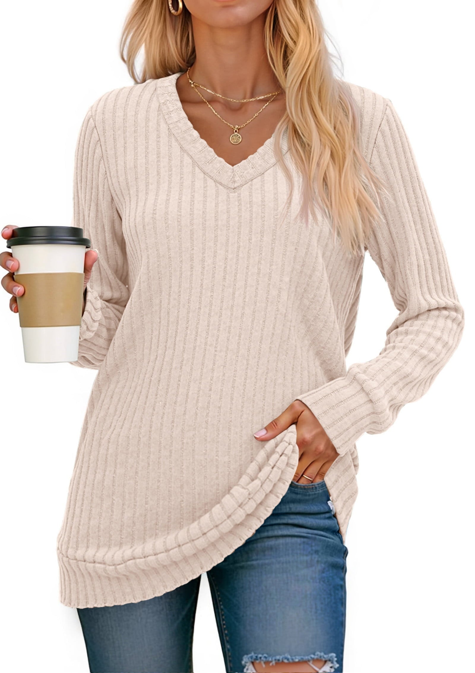 Chic V-Neck Long Sleeve Tunic for Women - Perfectly Dressy Casual Fall Top in Lightweight Beige