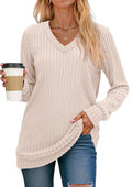 Chic V-Neck Long Sleeve Tunic for Women - Perfectly Dressy Casual Fall  or Winter Top in Lightweight Beige