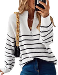 Cozy and Chic Women's Striped Quarter-Zip Pullover Sweater for Effortless Style