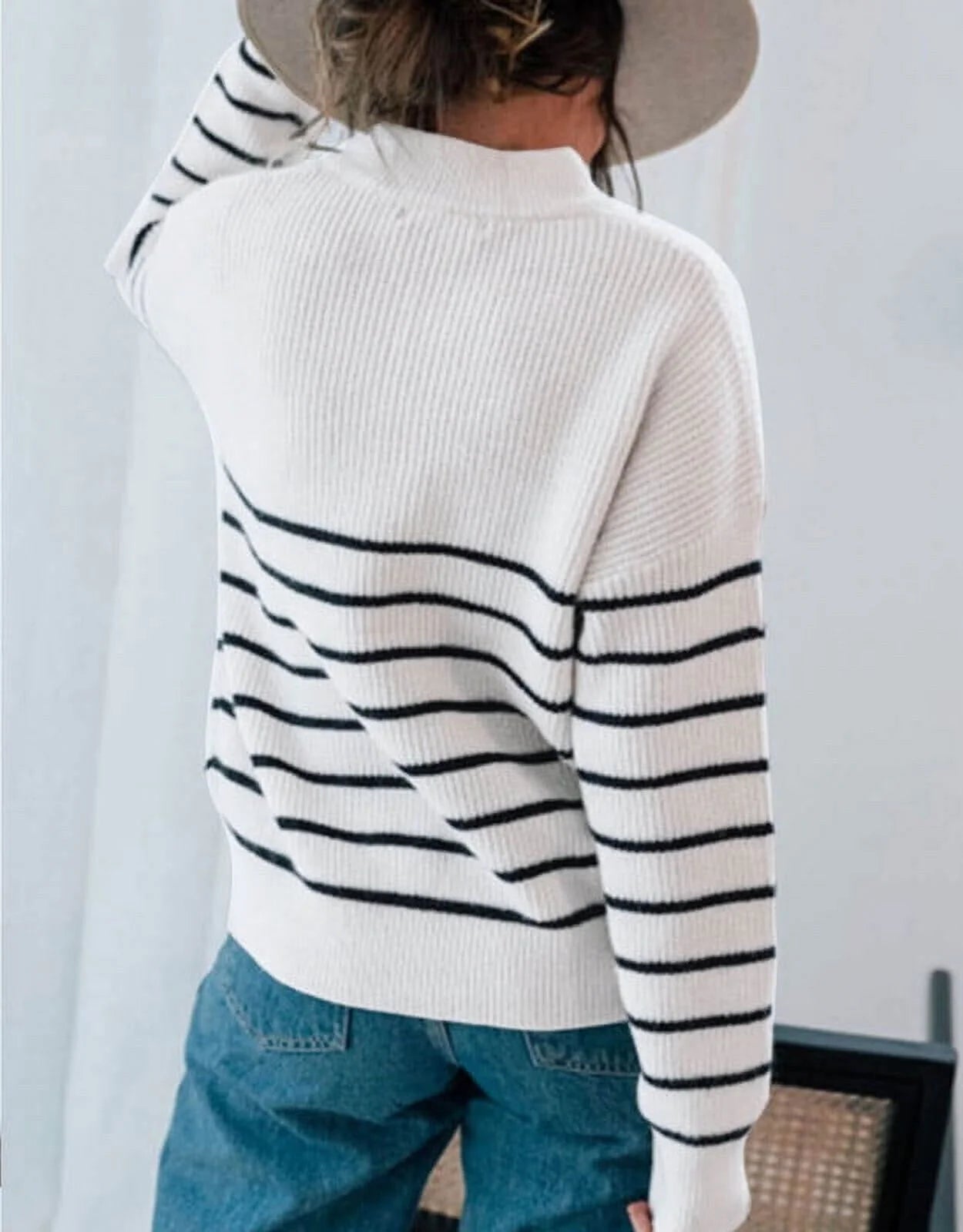 Cozy and Chic Women's Striped Quarter-Zip Pullover Sweater for Effortless Style