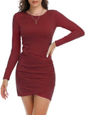 Elegant Wine Red Ruched Bodycon Dress for Women - Long Sleeve Wrap Front Casual Fitted Short Dress
