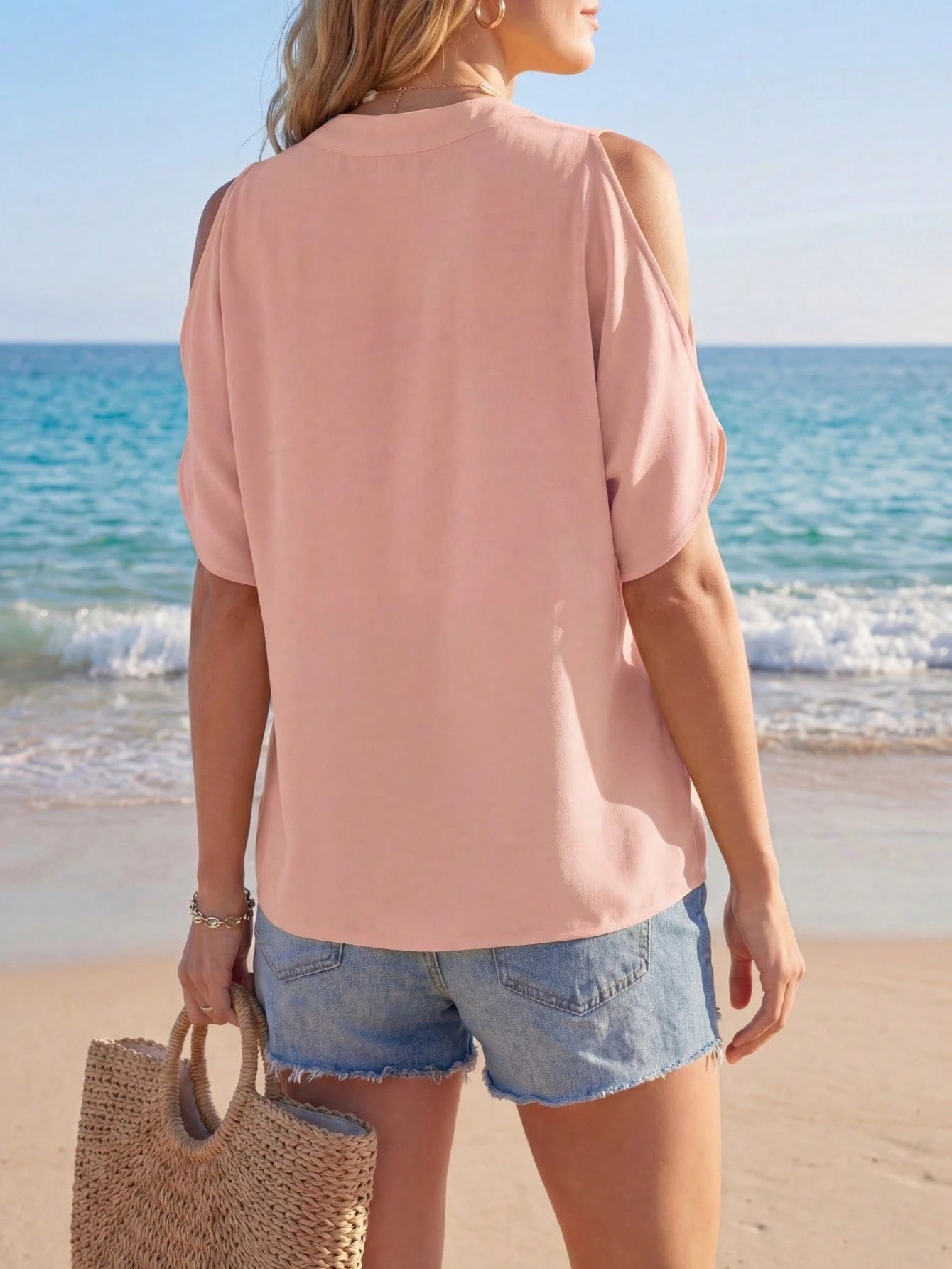 Sylviya Solid Cold Shoulder Split Sleeve Popover Blouse,Short Sleeve Tops,Casual